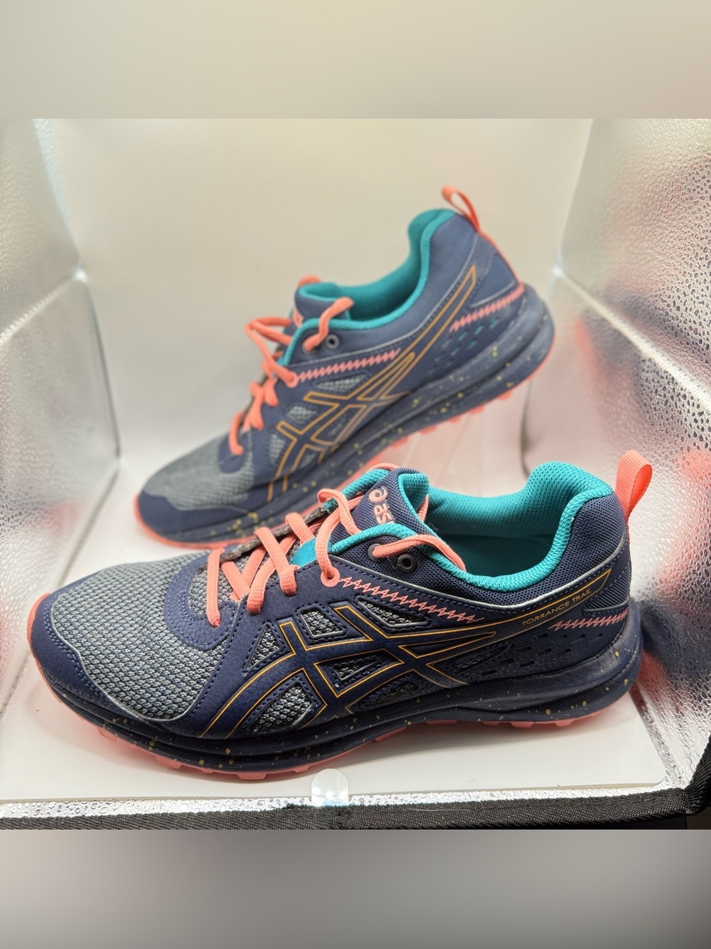 Asics Navy Athletic Sneakers with Coral Laces and Teal Interior
